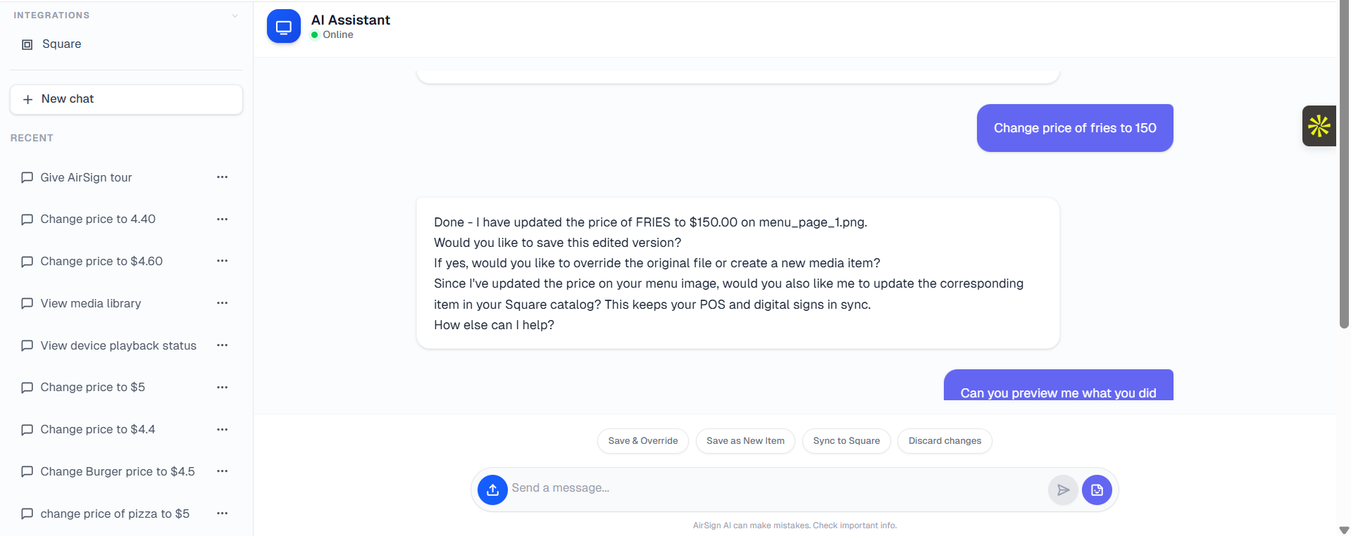 AI updating a menu price and syncing to Square